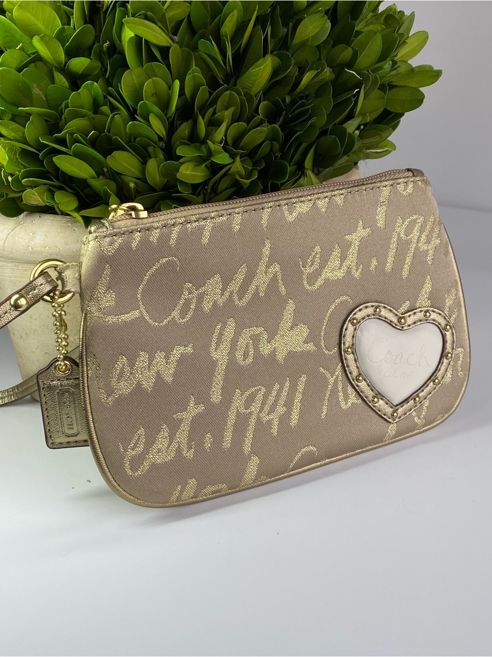 Coach New York 1941 Metallic Script Heart Wristlet Gold with Studding